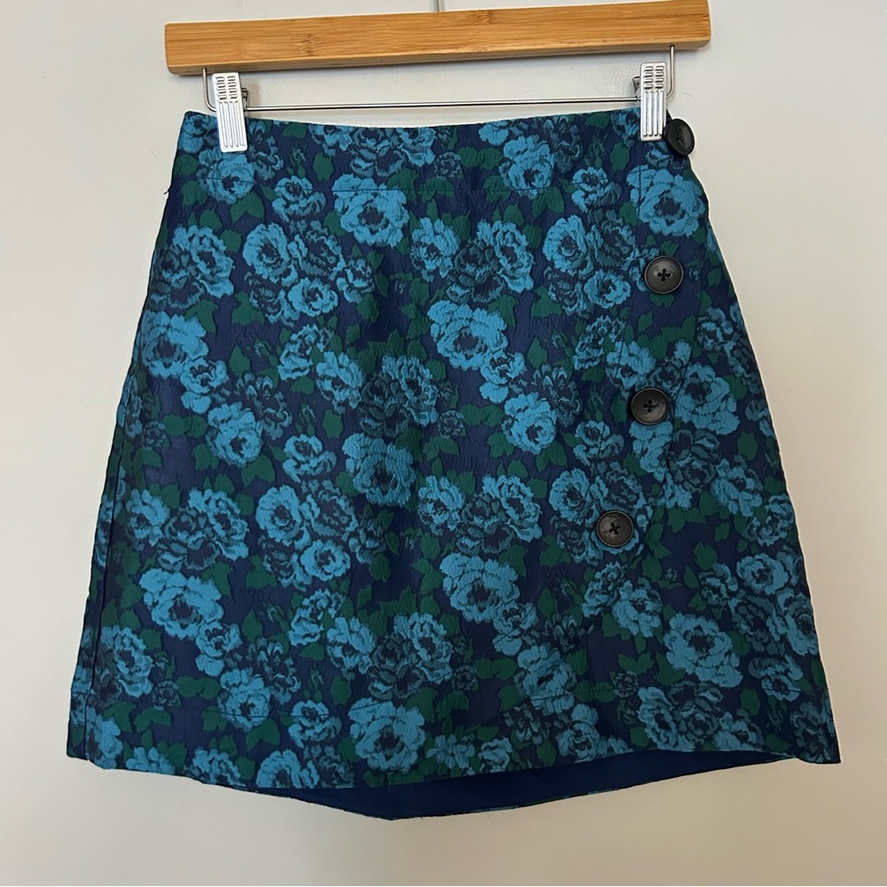 Anthropologie Maeve Jacquard Blue Floral Button Mini Skirt - Picture 3 of 7